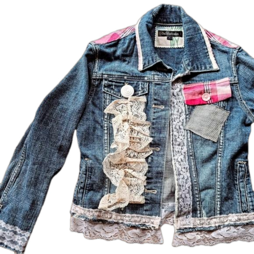 Boho Patchwork Embellished Upcycled Denim Jean jacket Artisan NWT Bohemian - Picture 5 of 9